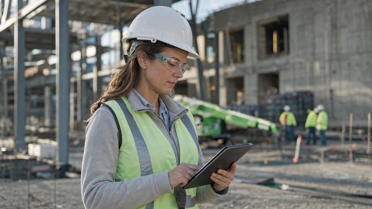 Safety manager reviewing certification records on a tablet at a commercial construction site