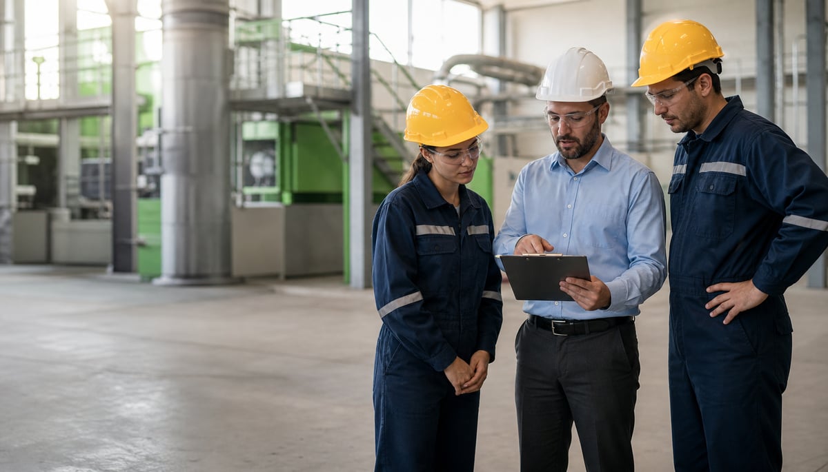 Three workers in hard hats review a safety checklist together at an industrial site.