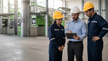 Three workers in hard hats review a safety checklist together at an industrial site.