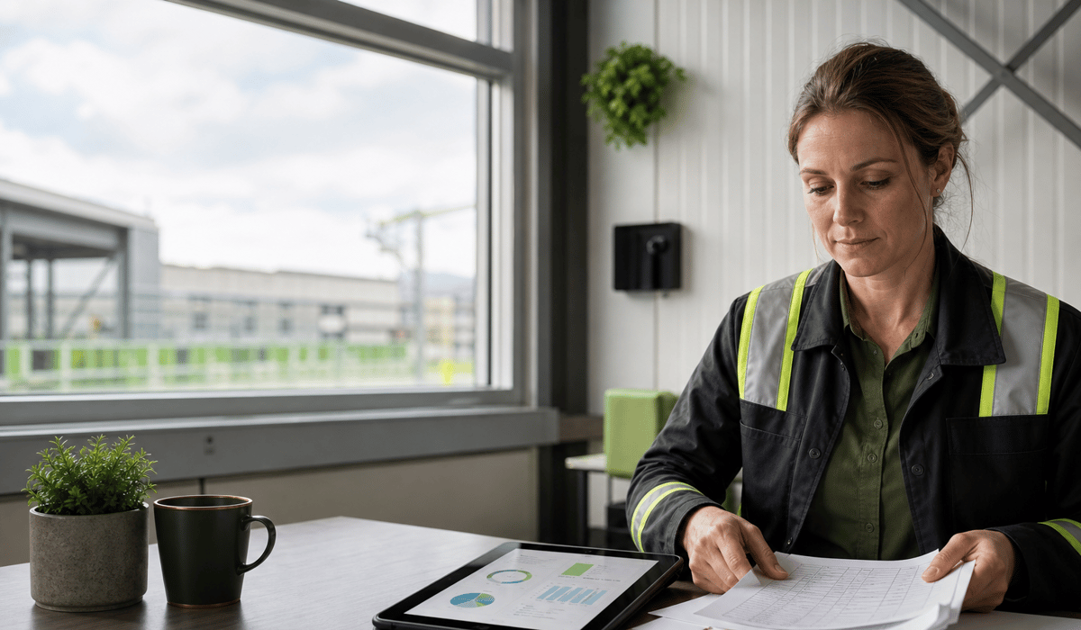 Safety manager organizing training records beside a tablet in an industrial site office