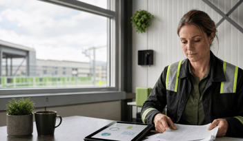 Safety manager organizing training records beside a tablet in an industrial site office