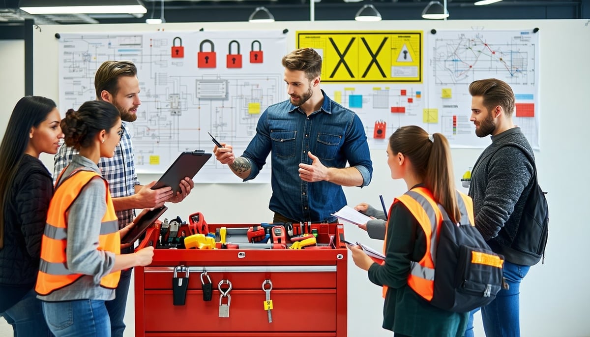 employees looking at lockout tagout options