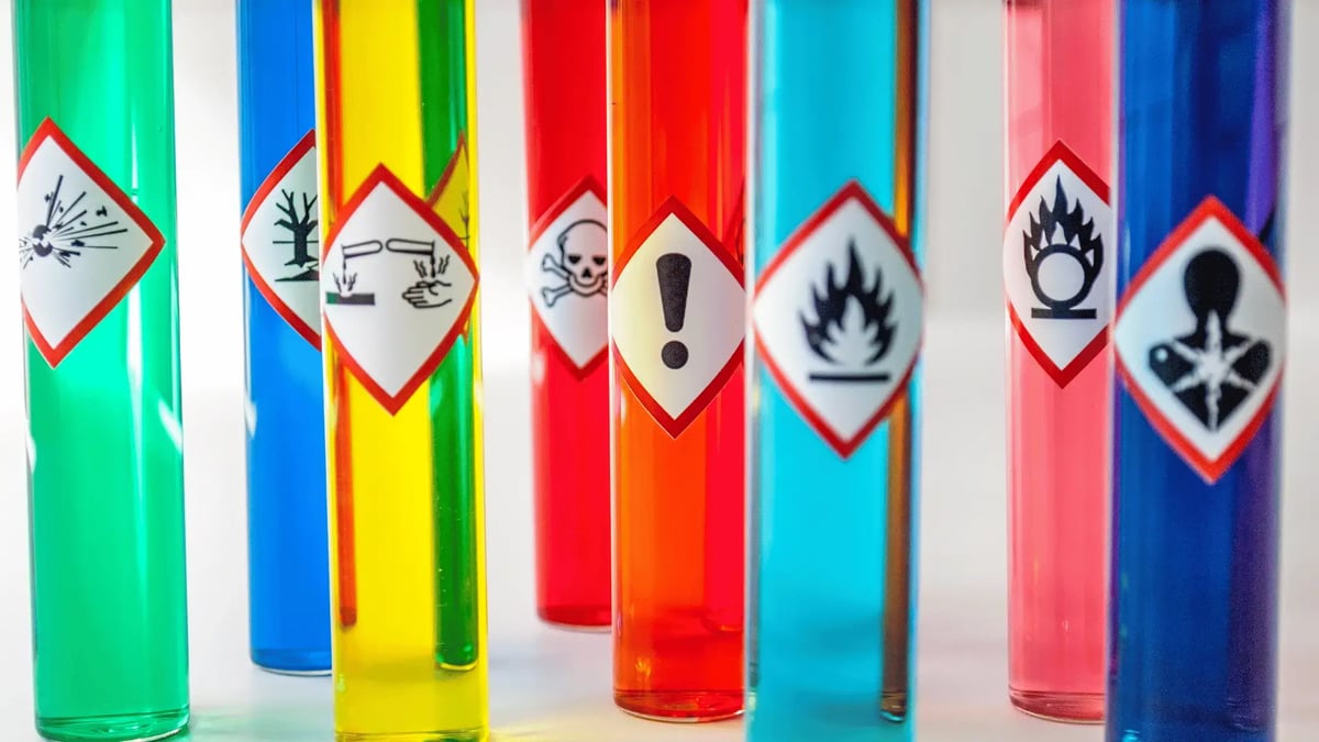 chemical labels on multicolored jars