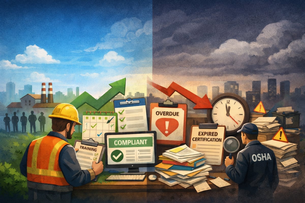 “Visual comparison of effective safety training management versus compliance breakdown, with organized checklists on one side and overdue certifications and paperwork on the other.”
