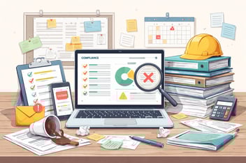 “Illustration of a cluttered desk with a laptop showing compliance data, scattered paperwork, checklists, and a hard hat, representing the complexity of managing safety training.”