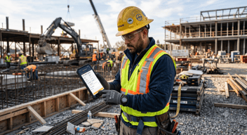 Construction worker completing an automated toolbox talk on a smartphone job site.