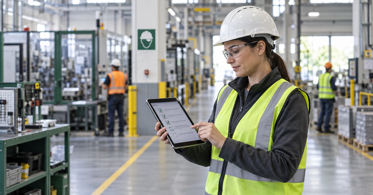 Safety manager using a digital checklist on a tablet at an industrial worksite