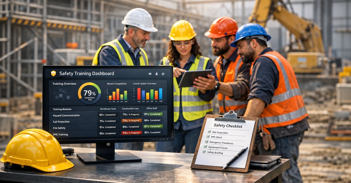 Construction safety team reviewing a safety training dashboard and checklist
