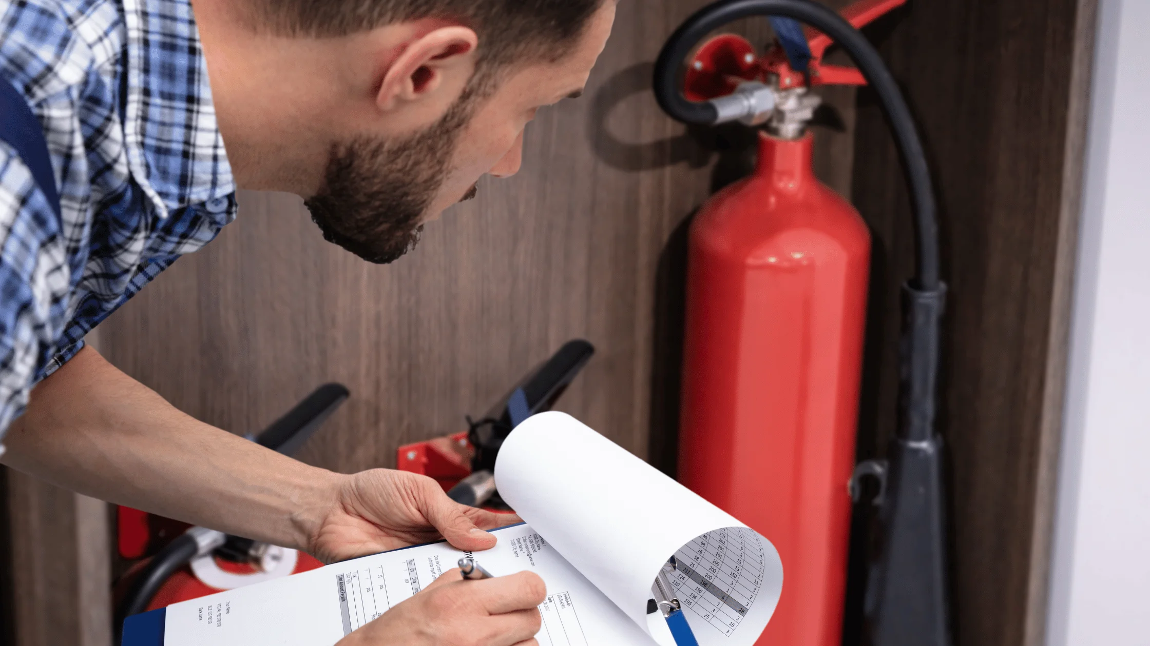 worker inspecting a fire extinguisher