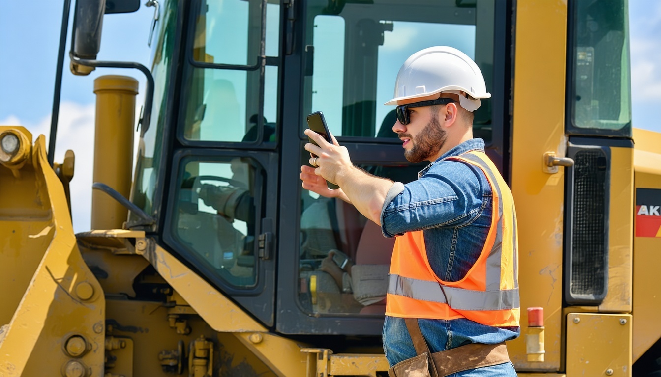 A construction worker reaching for a phone while h