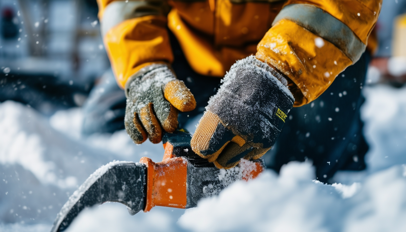 A construction worker wearing insulated gloves whi