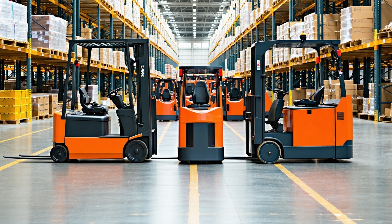 A variety of powered industrial trucks in a manufa