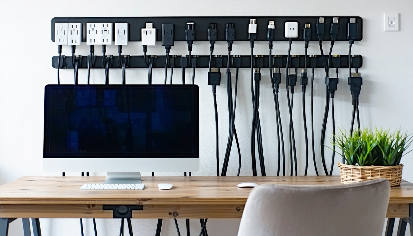An office workspace with neatly organized electric