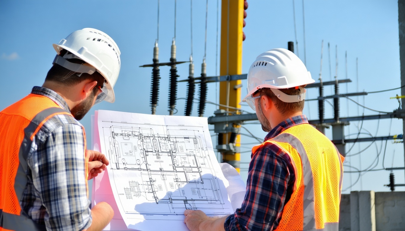 Construction workers examining electrical plans to