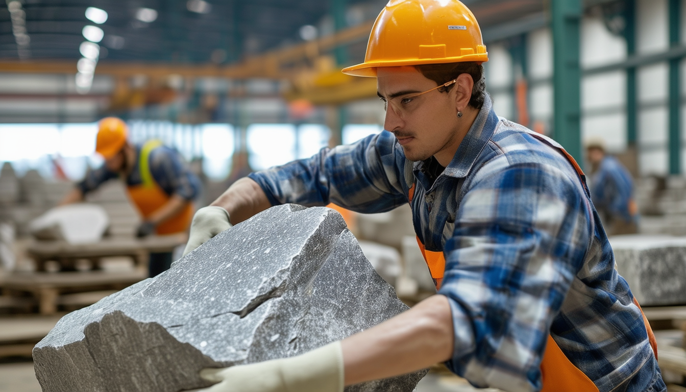 Workers handling large stones with proper ergonomi