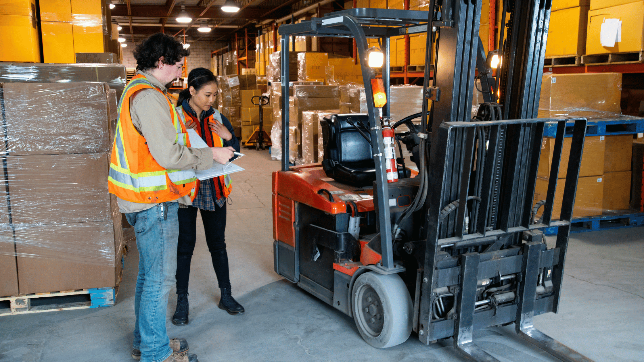 workers reviewing forklift
