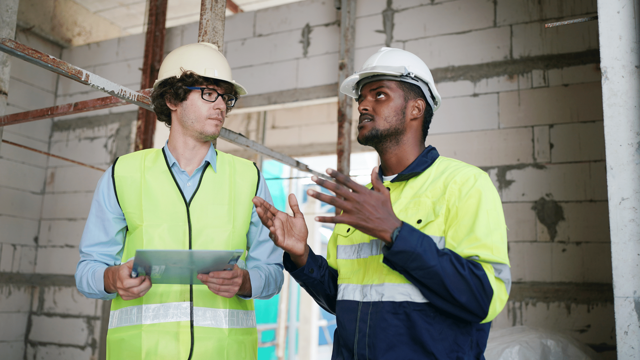 two workers talking on a project